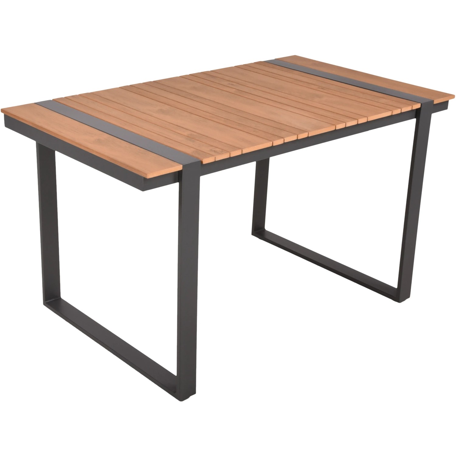 Tisch der Garden Pleasure Lounge-Eckgruppe Belmira, Holzoptik mit grauem Metallgestell.