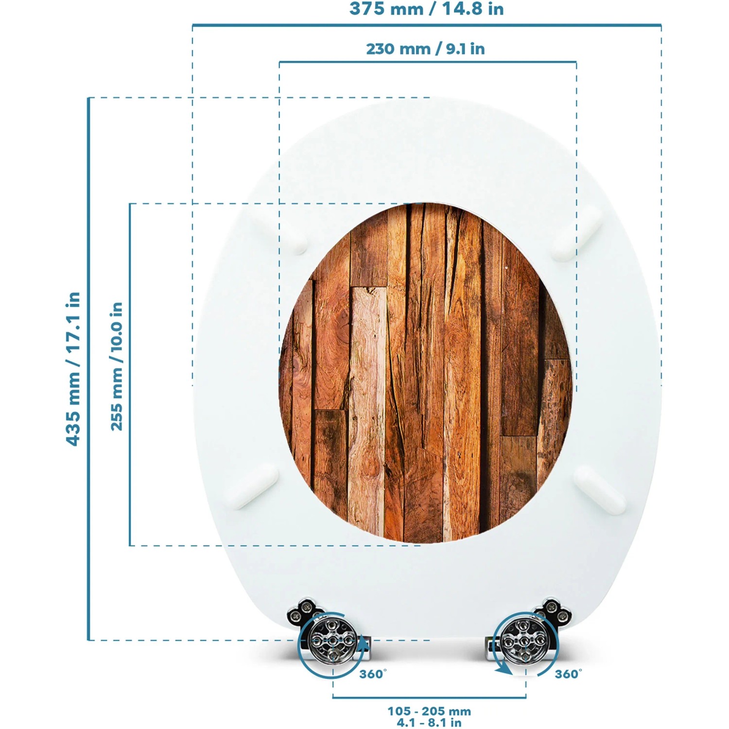 Sanfino WC-Sitz Industrial Wood mit Absenkautomatik, Holz-Optik und Maßangaben.