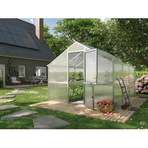 KGT Gewächshaus Alu blank 9,59 m² mit geöffneter Tür im Garten.