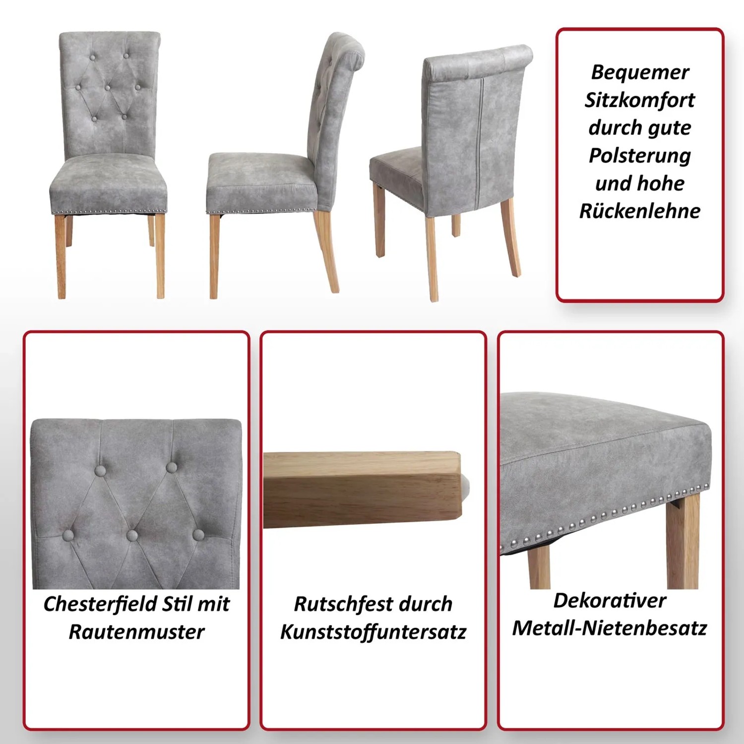 6er-Set hellgraue Chesterfield Polsterstühle mit Rautenmuster und hellen Beinen.