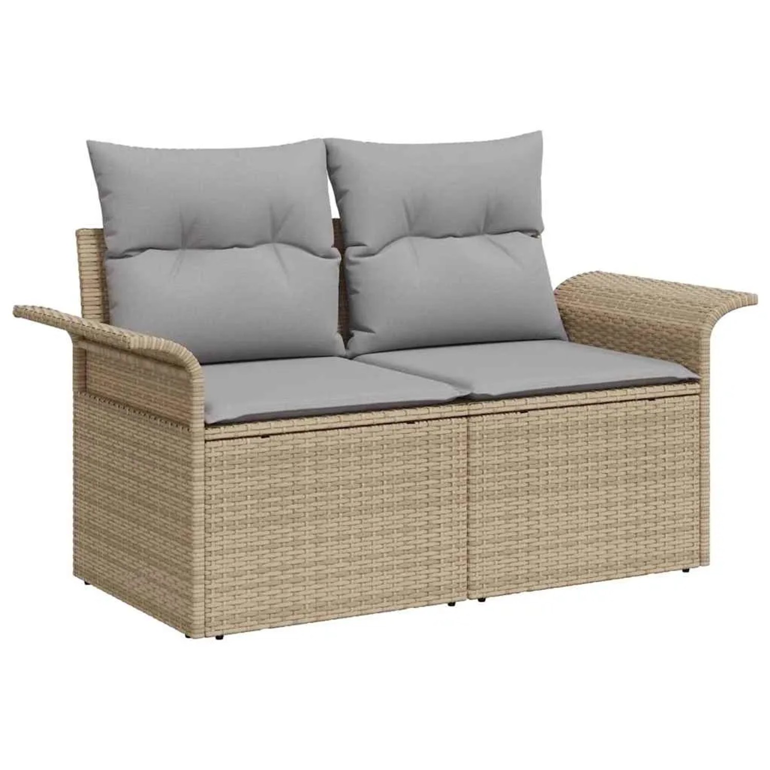 Beiges 2-Sitzer Gartensofa aus Polyrattan mit grauen Kissen, Teil eines modularen Sets.
