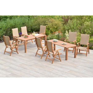 Merxx Capri 9-tlg. Gartenmöbel-Set mit Ausziehtisch (180/370 cm) und Klappsesseln aus Akazie/Kunststoffgeflecht.