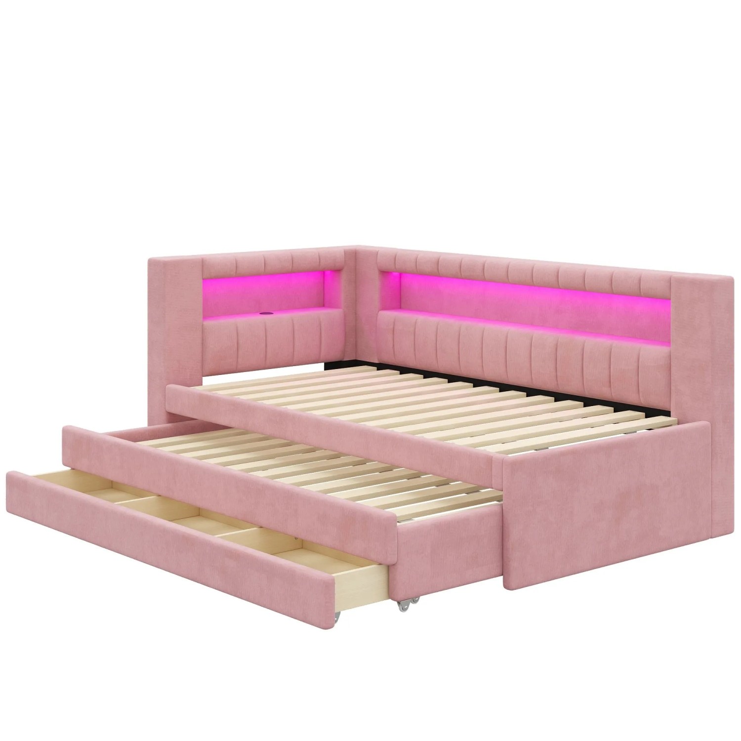 Merax Polster Tagesbett 90x200 cm Mit USB LED Ausziehbett 3 Schubladen Rosa