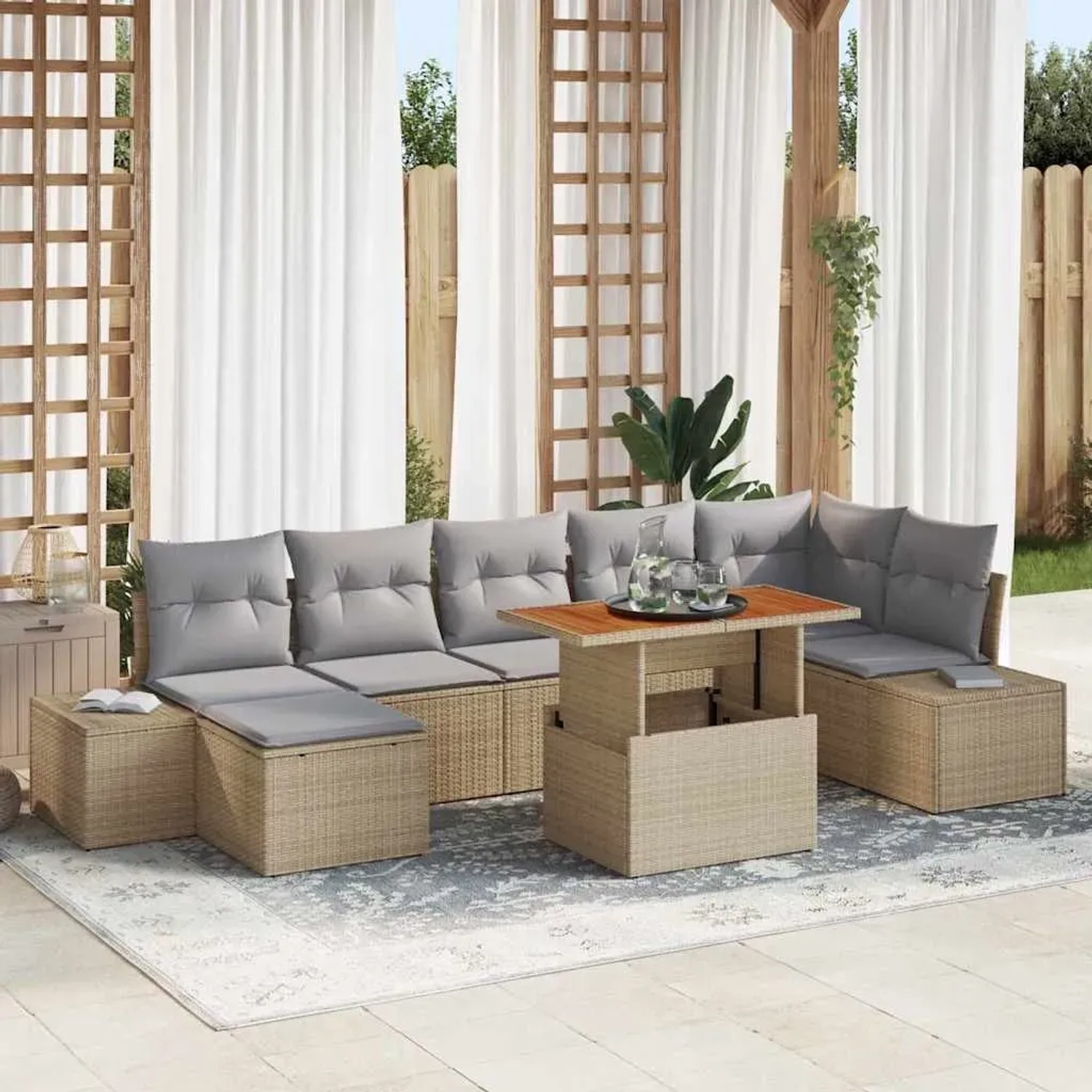 Beiges 8-teiliges vidaXL Garten-Sofa-Set aus Poly Rattan mit Stauraum.