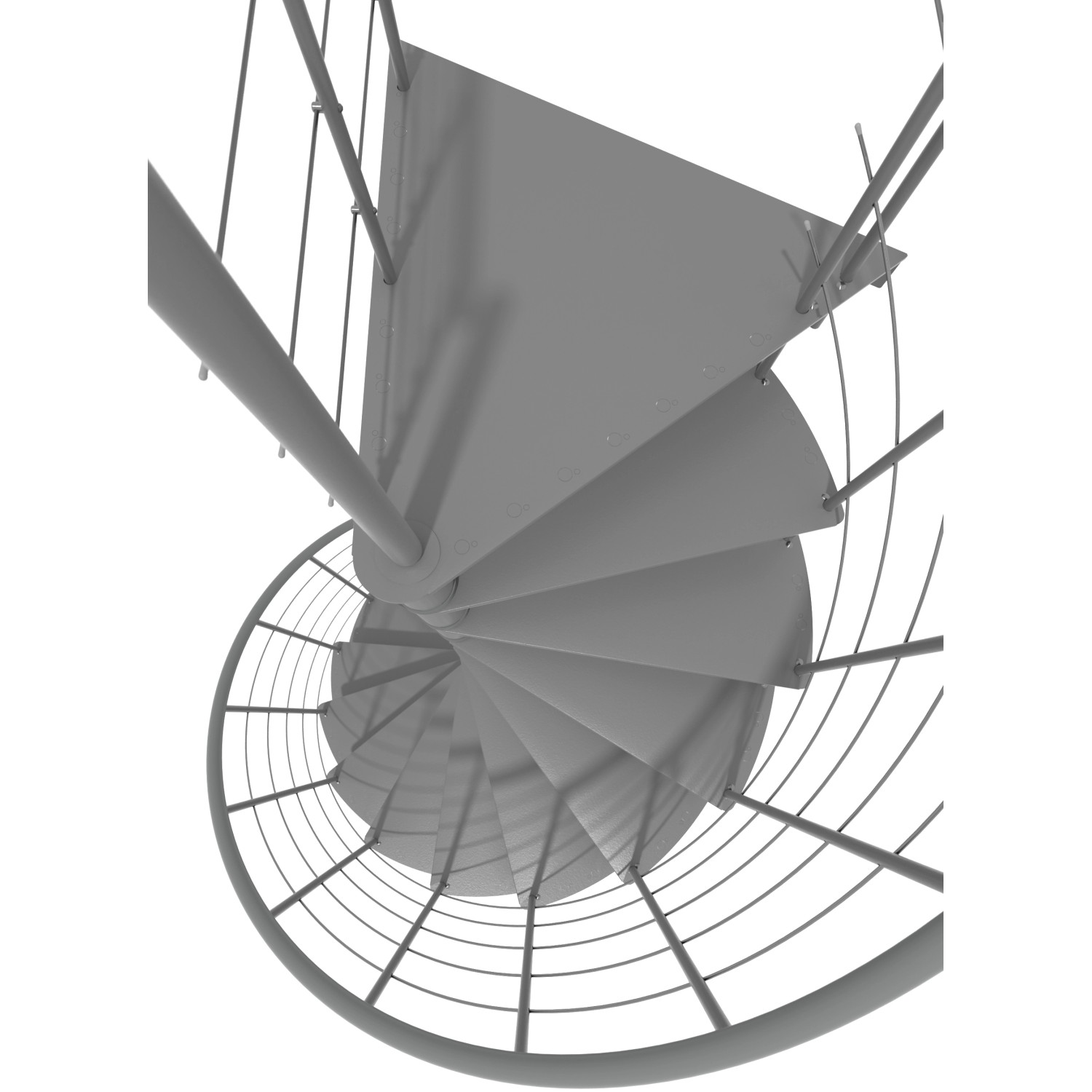 Graue Minka Spindeltreppe Milano, spiralförmig von oben, mit Metallstufen und Geländer.