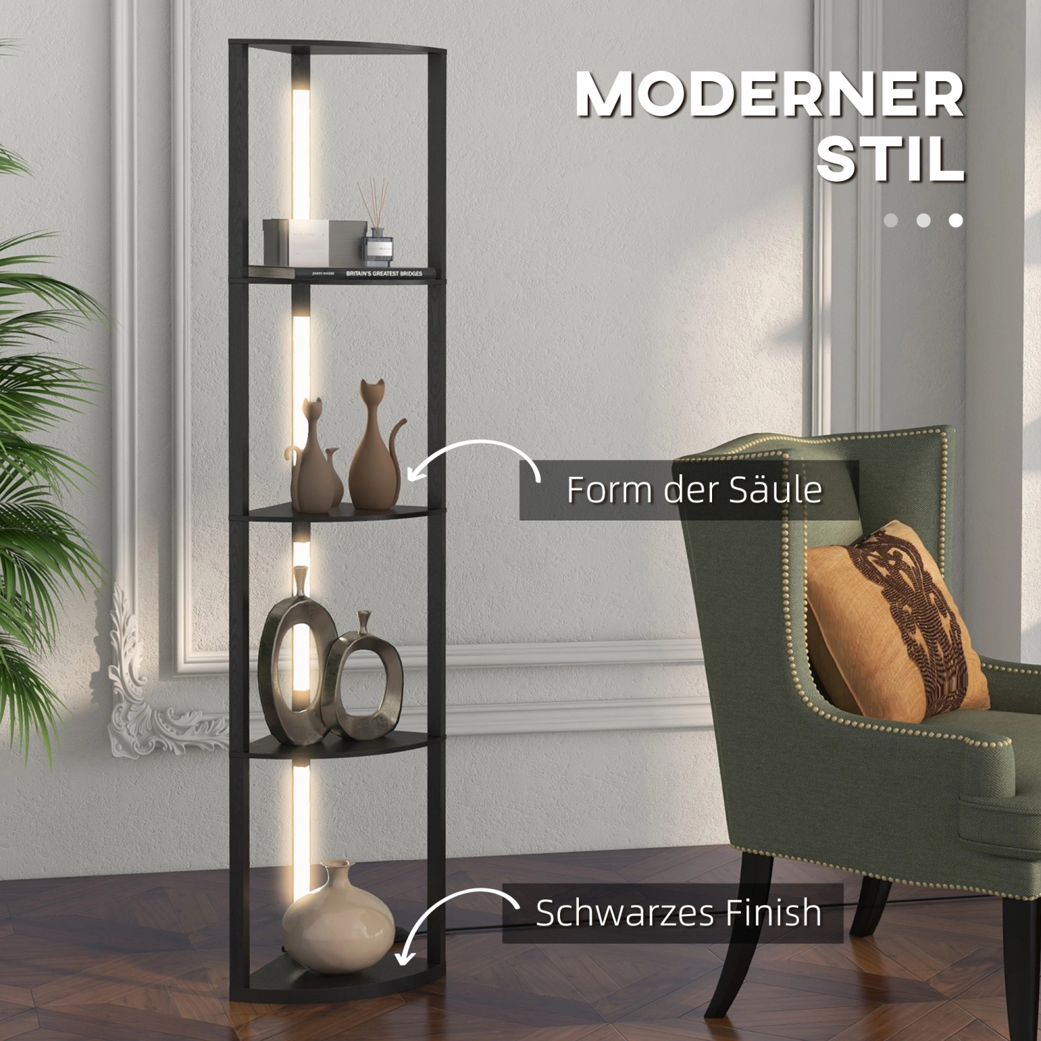 Schwarze HOMCOM Stehlampe mit 4 Ablagen und warmweissem Licht.