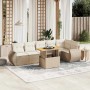 Beige 7-tlg. Garten-Sofagarnitur aus Poly Rattan mit Tisch und Kissen.