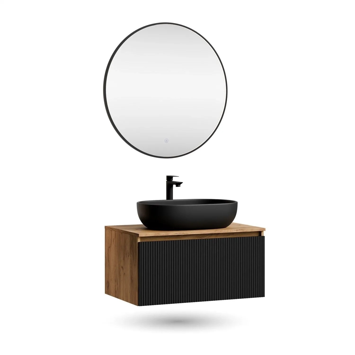 Planetmöbel ARISA Badmöbel Set 80 cm Schwarz Geriffelt Soft Close mit Veluna LED Spiegel 80 cm und Keramik Aufsatzwaschbecken 60 cm
