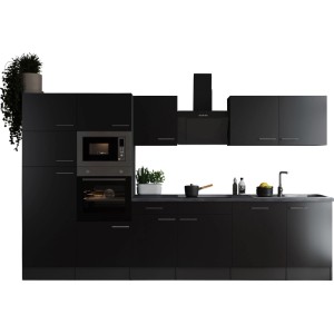 Respekta Küchenzeile Oliver 340 cm in Schwarz mit E-Geräten und Spüle.