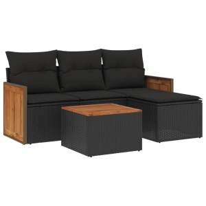 vidaXL 5-tlg. Garten-Sofagarnitur mit schwarzen Kissen aus Poly Rattan und Akazientisch.
