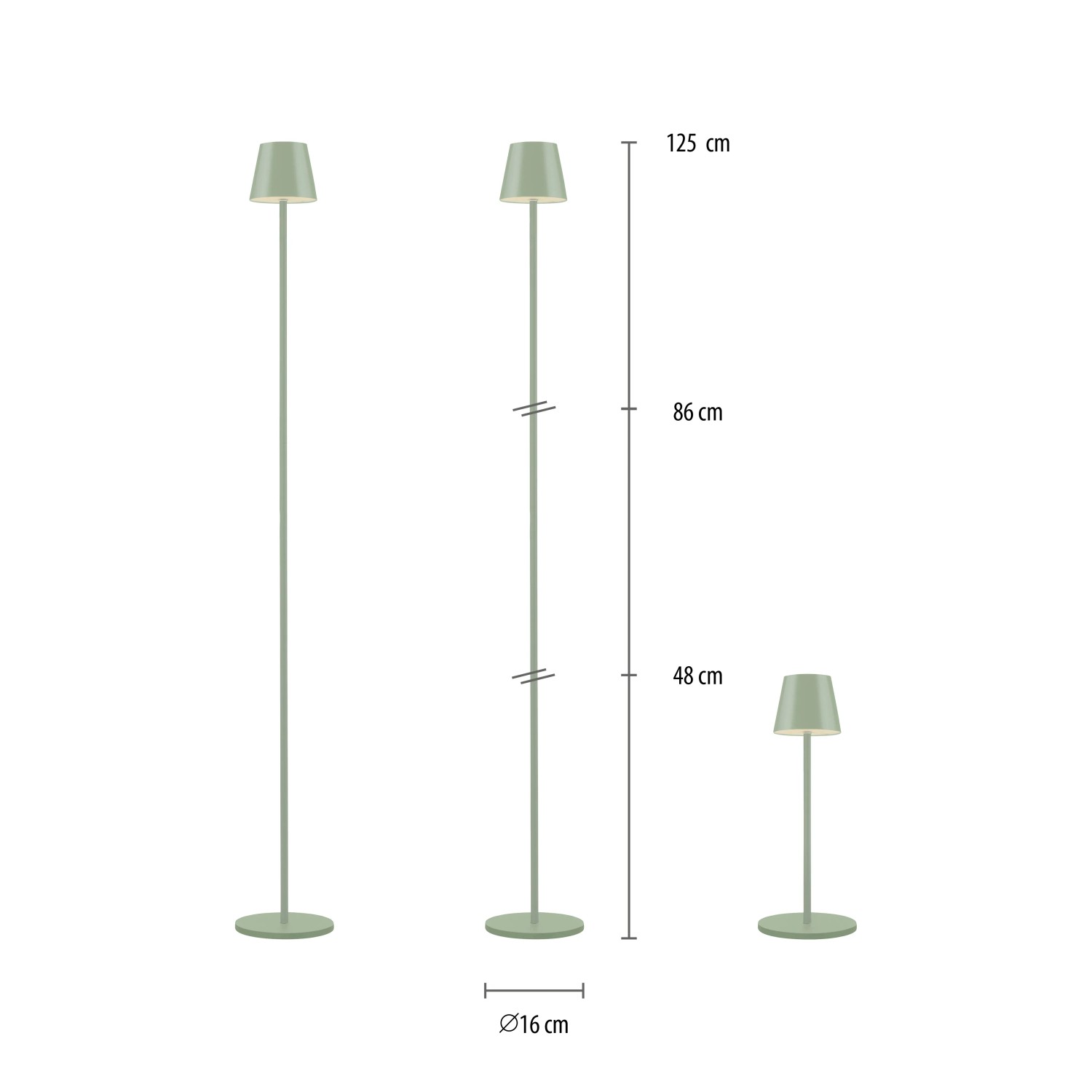 Just Light. LED-Akku-Stehleuchte Euria, grün, in drei Höhen: 125cm, 86cm und 48cm. Dekoleuchte für Aussen.