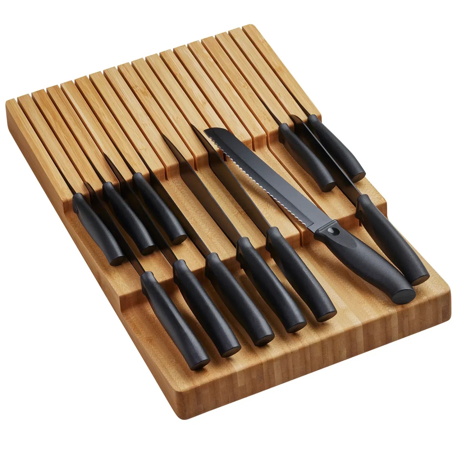 Bambus Messereinsatz für Schublade, mit Schlitzen für Küchenmesser. Natürliches Holz, Besteckkasten.