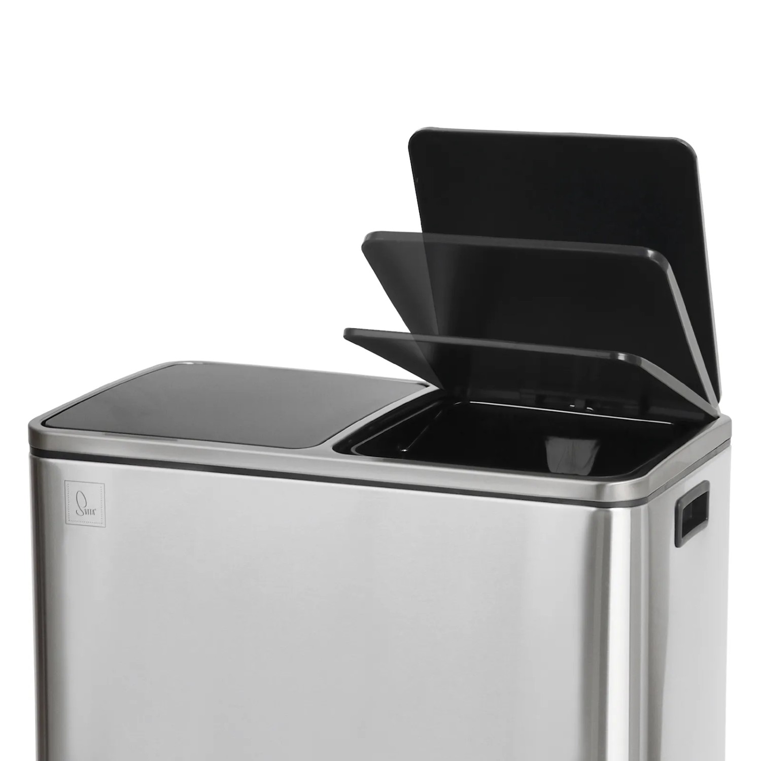 Svita Treteimer TM2X30, 60 Liter, silberner Mülleimer mit zwei Fächern und geöffnetem Deckel.