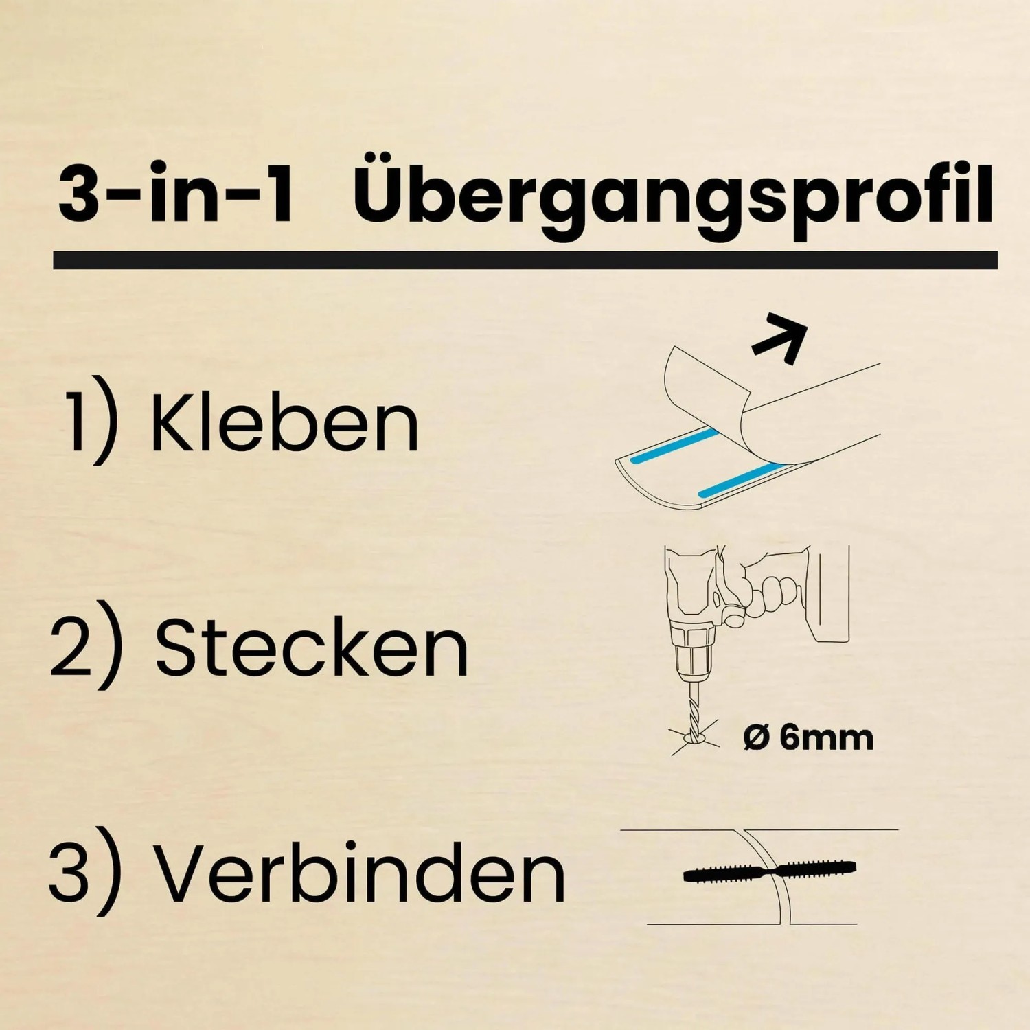 Diagramm: 3-in-1 Montageoptionen für Übergangsprofil. Kleben, Stecken, Schrauben. Dalsys Anpassungsprofil für Bodenbeläge.