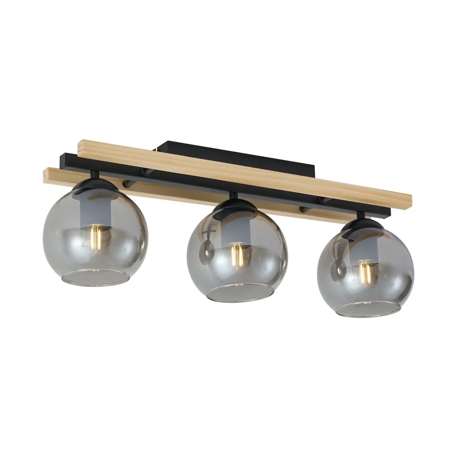 QAZQA Moderne Deckenleuchte Schwarz mit Holz und Rauchglas 3 Flammig Aleks