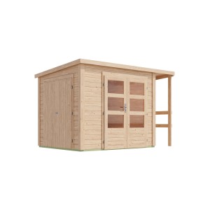Karibu Gartenhaus mit Schrank und Anbaudach aus naturbelassenem Holz.