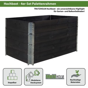 Schwarzes TRUTZHOLM Hochbeet 4er-Set aus Palettenrahmen, stapelbar und flexibel für Garten & Balkon.