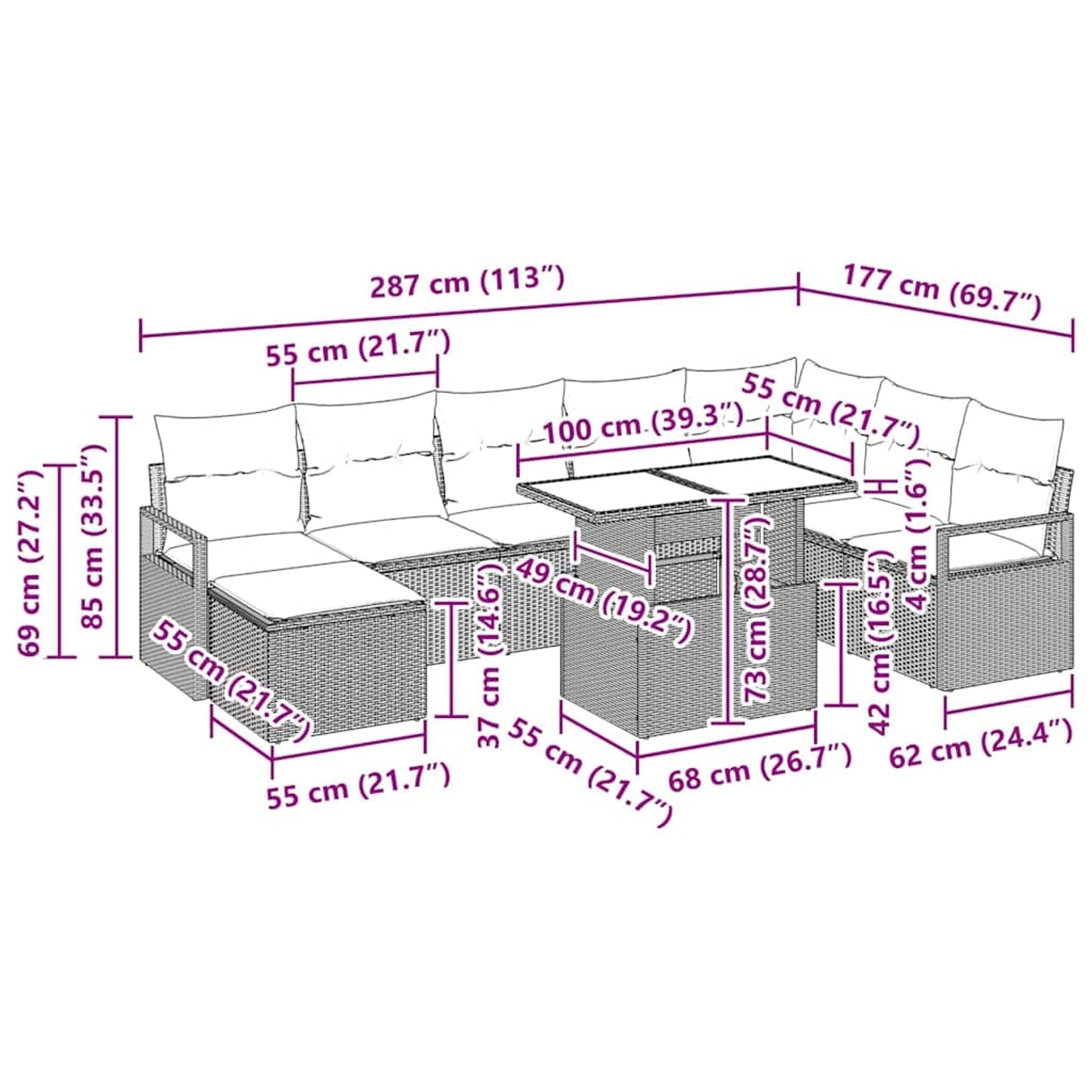 vidaXL Garten-Sofa-Set, 9-teilig, hellgraues Poly Rattan, mit Tisch und Hockern, Maße siehe Grafik.
