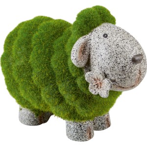 Grünes Deko-Schaf aus Polyresin und Kunstrasen für die Gartendekoration.