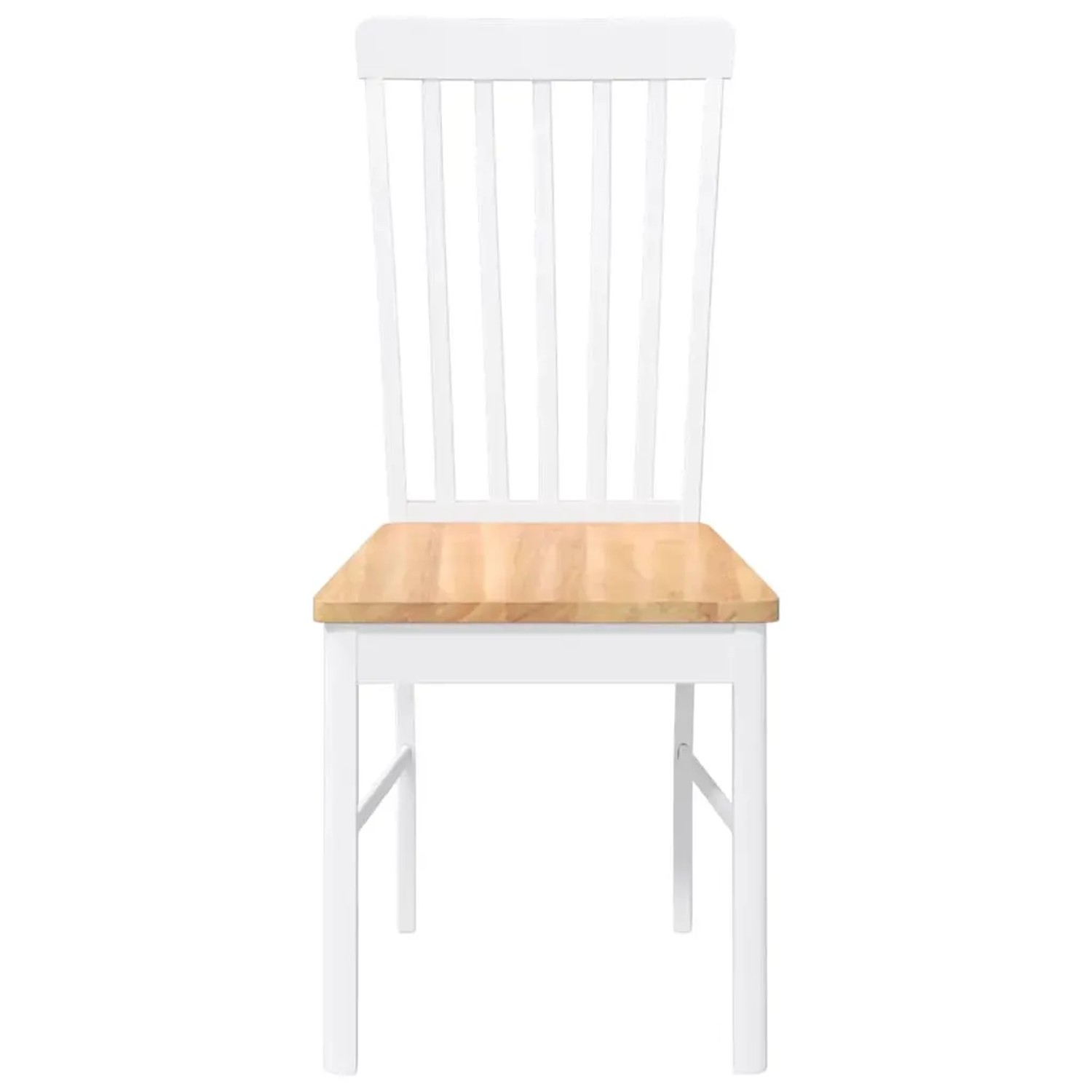 Weißer Esszimmerstuhl aus Massivholz mit natürlicher Sitzfläche und Lattenrückenlehne.