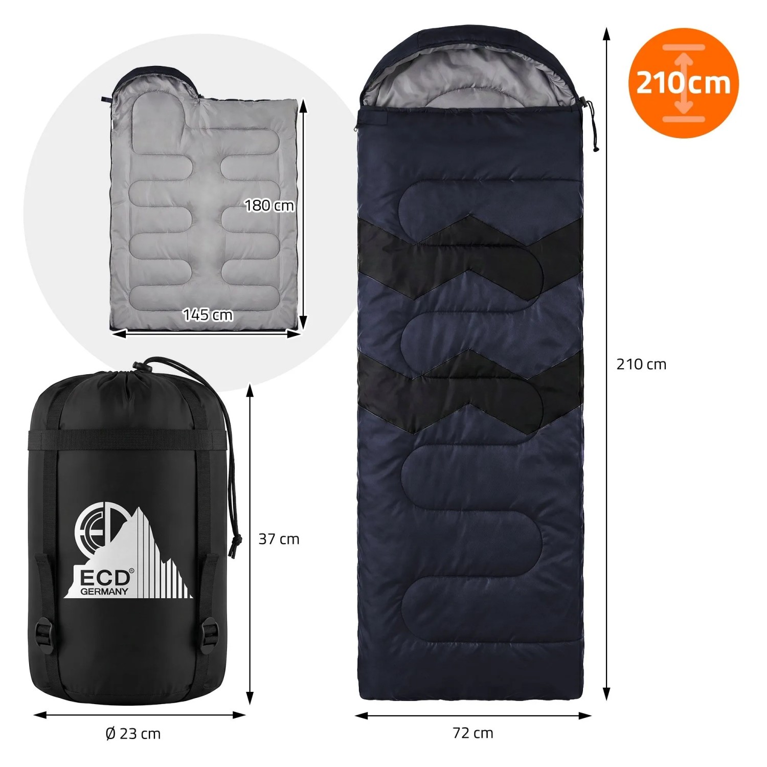 Dunkelblauer ECD Germany Schlafsack mit Packtasche für Camping & Outdoor.