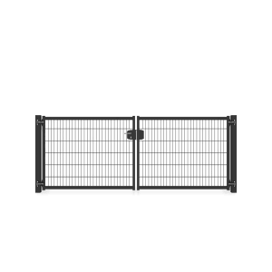 Anthrazitgraues Zaunguru Gartentor Berlin, 334 cm breit, mit Doppelstabmatten-Füllung und Schloss.