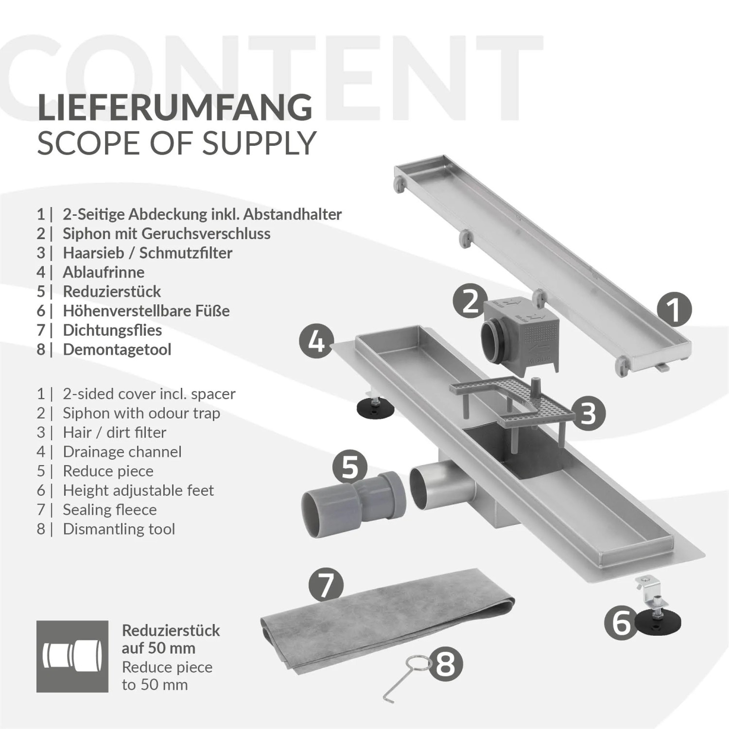 LuxeBath Duschrinne 80cm Zubehör: Doppelseitige Abdeckung, Siphon, Haarsieb, Ablaufrinne, Füße, Dichtungsflies, Werkzeug.