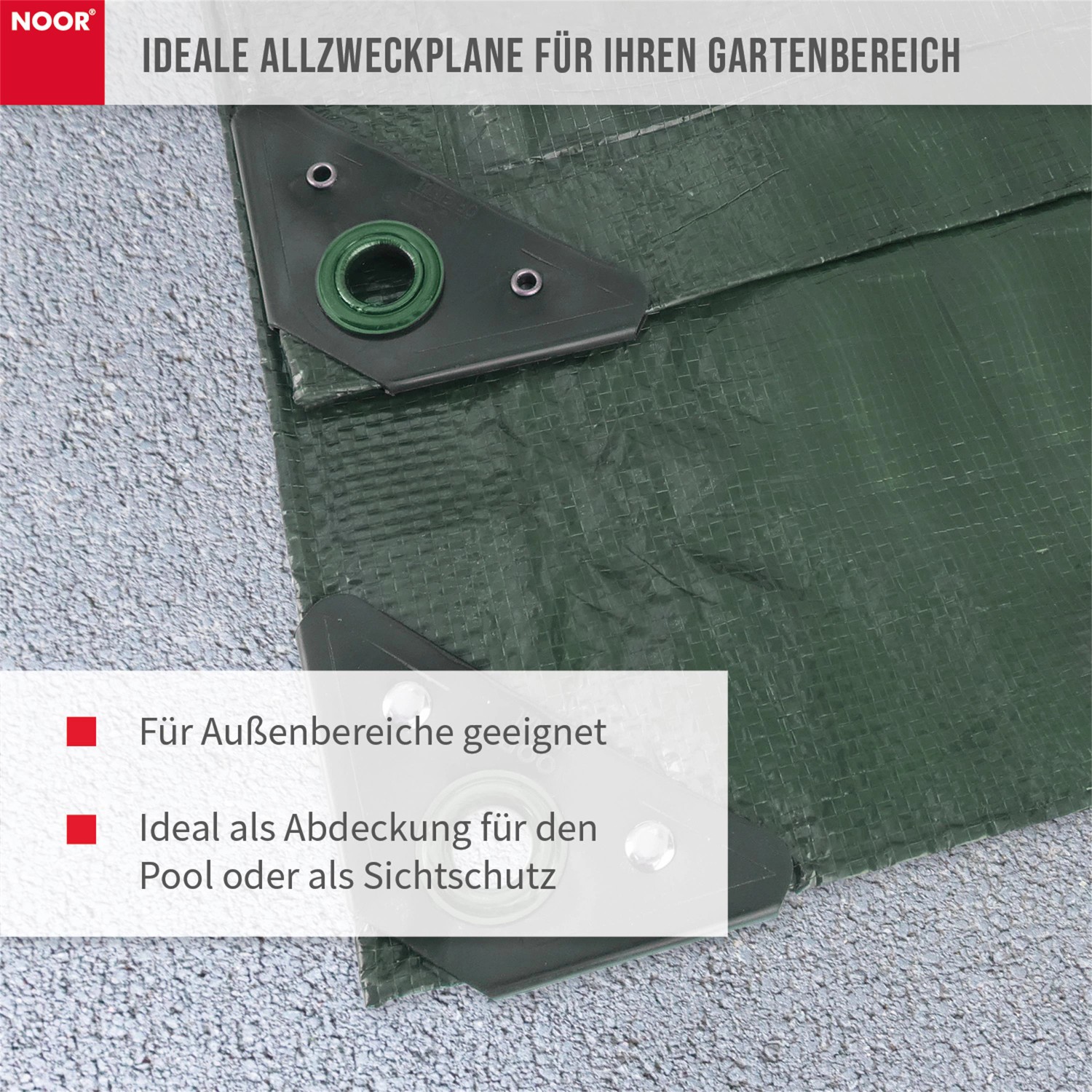 Grüne Noor Gewebeplane Profi, 2x2m, Detailaufnahme Ecke mit Öse. Abdeckplane für Garten, Bau oder Camping.
