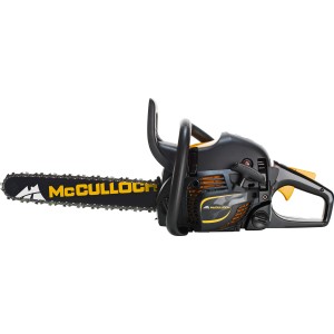 McCulloch CS 410 Elite Benzin-Kettensäge in Schwarz/Gelb, seitliche Ansicht.