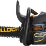 McCulloch CS 410 Elite Benzin-Kettensäge in Schwarz/Gelb, seitliche Ansicht.