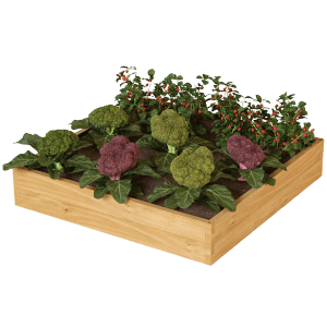 Quadratisches holz4home Hochbeet aus Holz mit Gemüse und Kräutern bepflanzt.