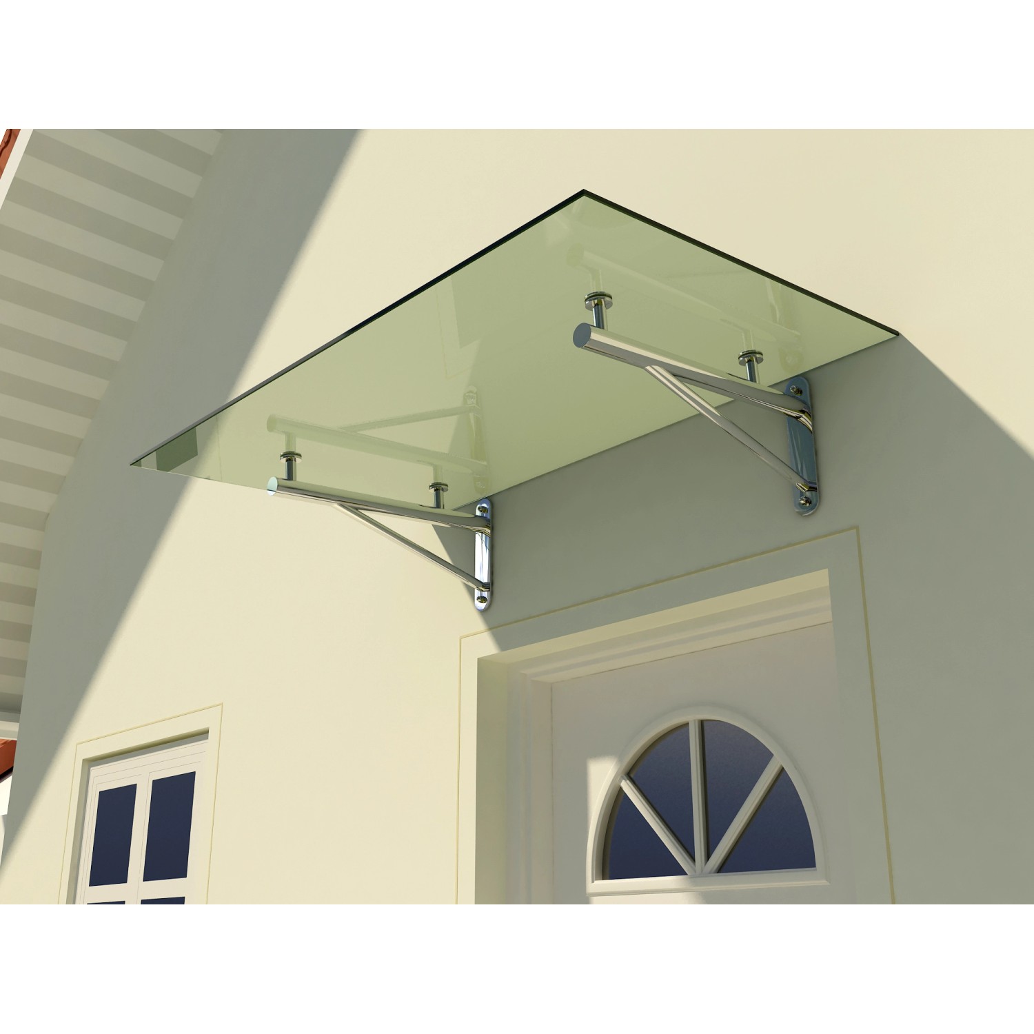 Glasvordach Elbrus Klarglas 200x90 cm mit Edelstahlhalterung am Haus montiert.
