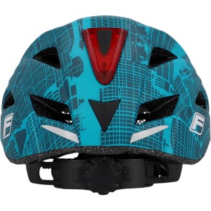 Fischer Fahrradhelm Urban Plus NY S/M, türkis mit Stadtmuster und Rücklicht.