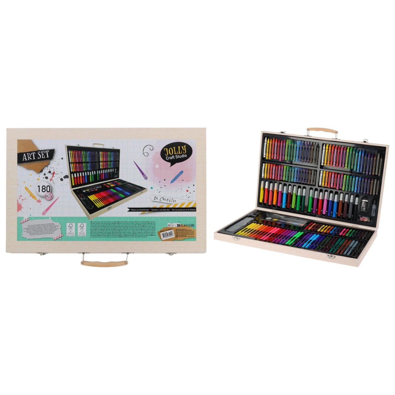 180-teiliges Malen- und Zeichen-Set in Holzbox (47,8x29,5x4,5cm) mit Stiften, Farben und Zubehör.