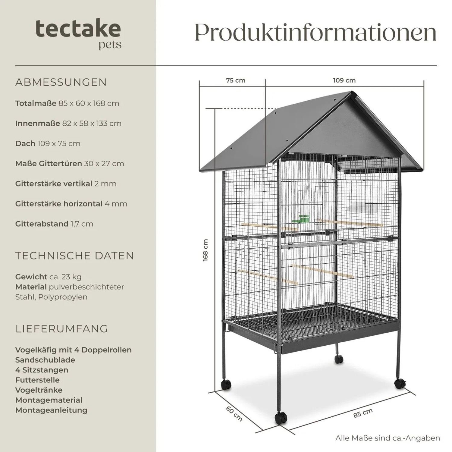 Anthrazitfarbener Tectake Vogelkäfig mit Spitzdach und Rollen, 85x60x168 cm.