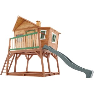 Axi Spielhaus Max mit Leiter, Rutsche und Sandkasten in Braun/Grün. Spielturm im Comic-Stil aus Holz.
