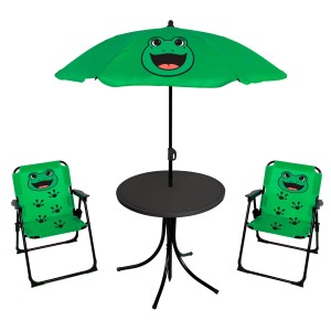 Mojawo 4-tlg. Kinder Campingmöbel Set Frosch: Tisch, Sonnenschirm und 2 Stühle mit Frosch-Motiv.
