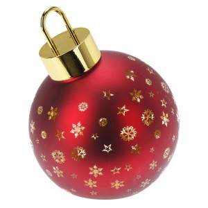 Rote Weihnachtskugel aus Glas mit goldenem Sternen- und Schneeflockenmuster und goldener Aufhängung. Festliche Weihnachtsdeko.