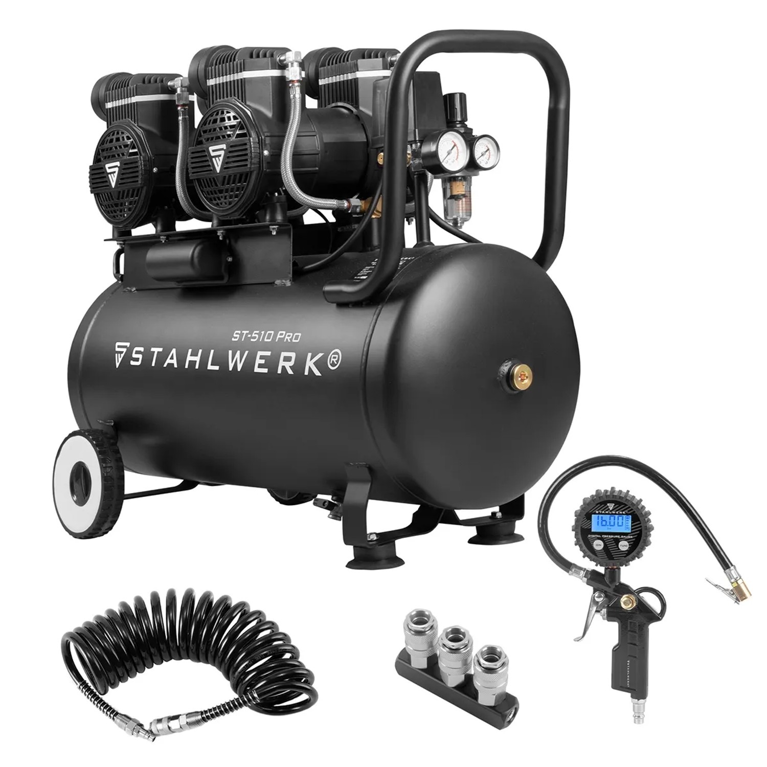 STAHLWERK Kompressor 10 Bar Druckluft Set Spiralschlauch Reifenfüller Verteiler
