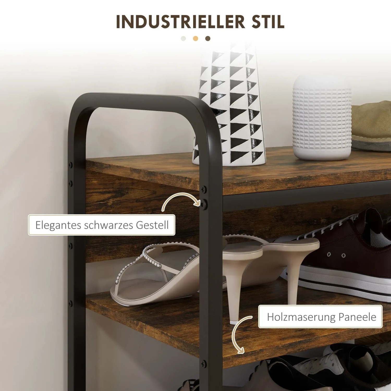 HOMCOM Schuhregal mit braunen Spanplatten und schwarzem Metallgestell, ideal zur Schuhaufbewahrung.
