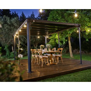 Anthrazitfarbener Palram Canopia Milano Gartenpavillon 3.1 x 4.3 m mit LED-Beleuchtung und gedecktem Tisch.