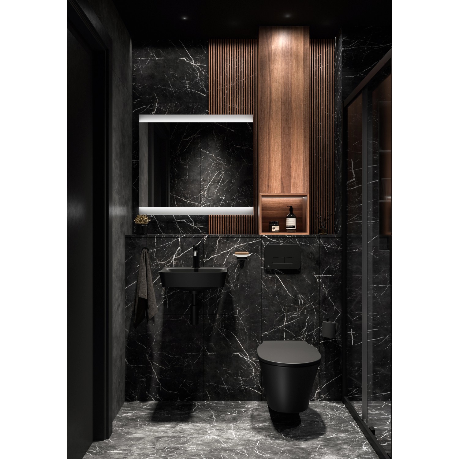 Schwarzes Ideal Standard Wand-WC Connect Air mit AquaBlade Technologie in modernem Bad.