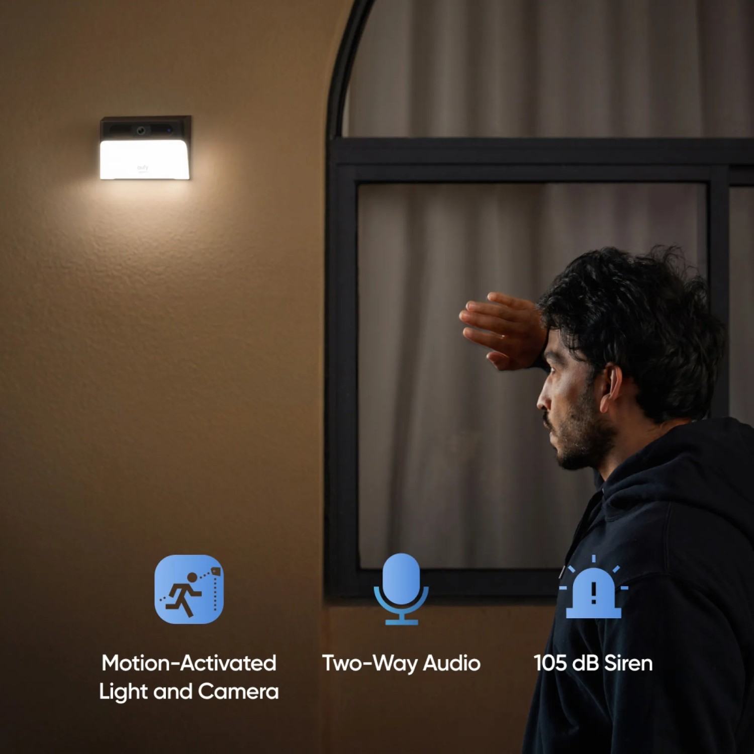 Eufy Solar-Wandleuchte S120 mit Kamera und Bewegungsmelder im Einsatz.