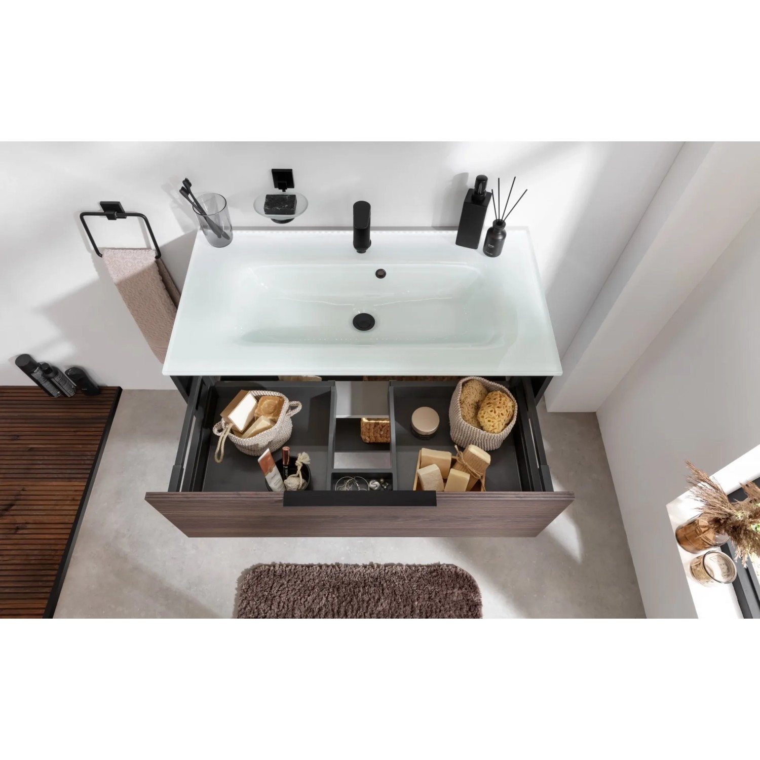 Fackelmann Waschtisch-Set B.Paris mit Glasbecken, 90,5 cm, Schwarz Matt und Rigoletto Eiche Dekor.