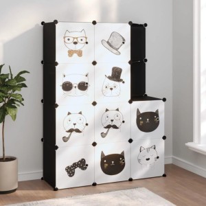 Modularer Kinderschrank mit 10 Würfeln in Schwarz und Katzenmotiven.