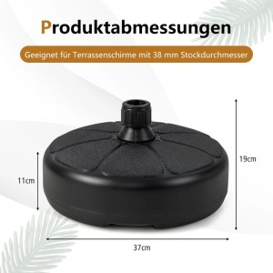 Schwarzer, befüllbarer Costway Sonnenschirmständer für Schirmstangen bis 38mm Durchmesser.