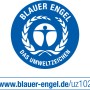 Blauer Engel Siegel für Alpinaweiß Wandfarbe: Blaues rundes Zeichen mit stilisierter Figur und Lorbeerkranz.