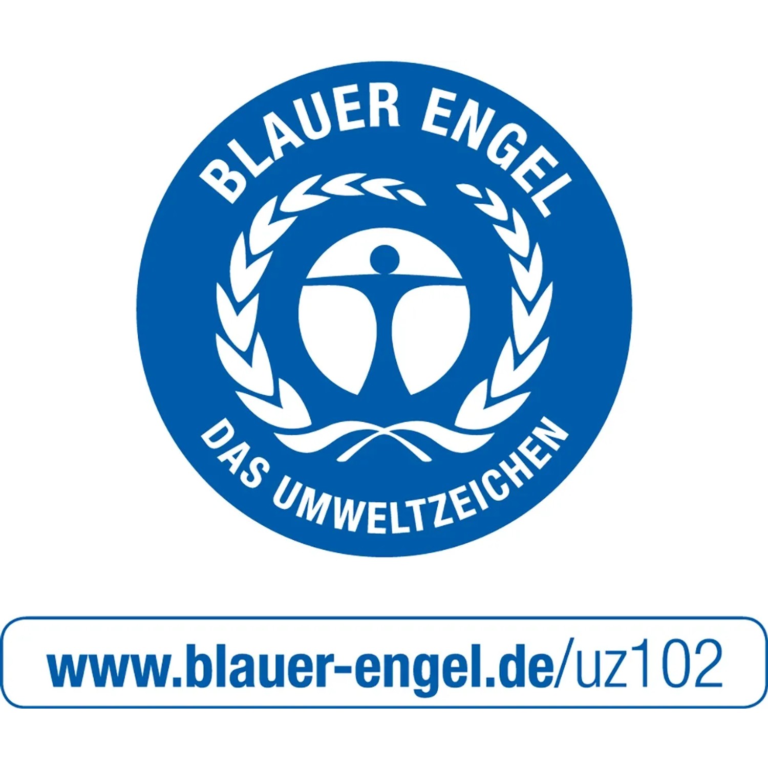 Blauer Engel Siegel für Alpinaweiß Wandfarbe: Blaues rundes Zeichen mit stilisierter Figur und Lorbeerkranz.