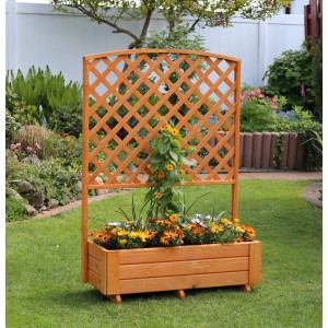 Rankkasten Flora 130 cm aus Kiefernholz mit Rankhilfe und bunten Blumen im Garten.