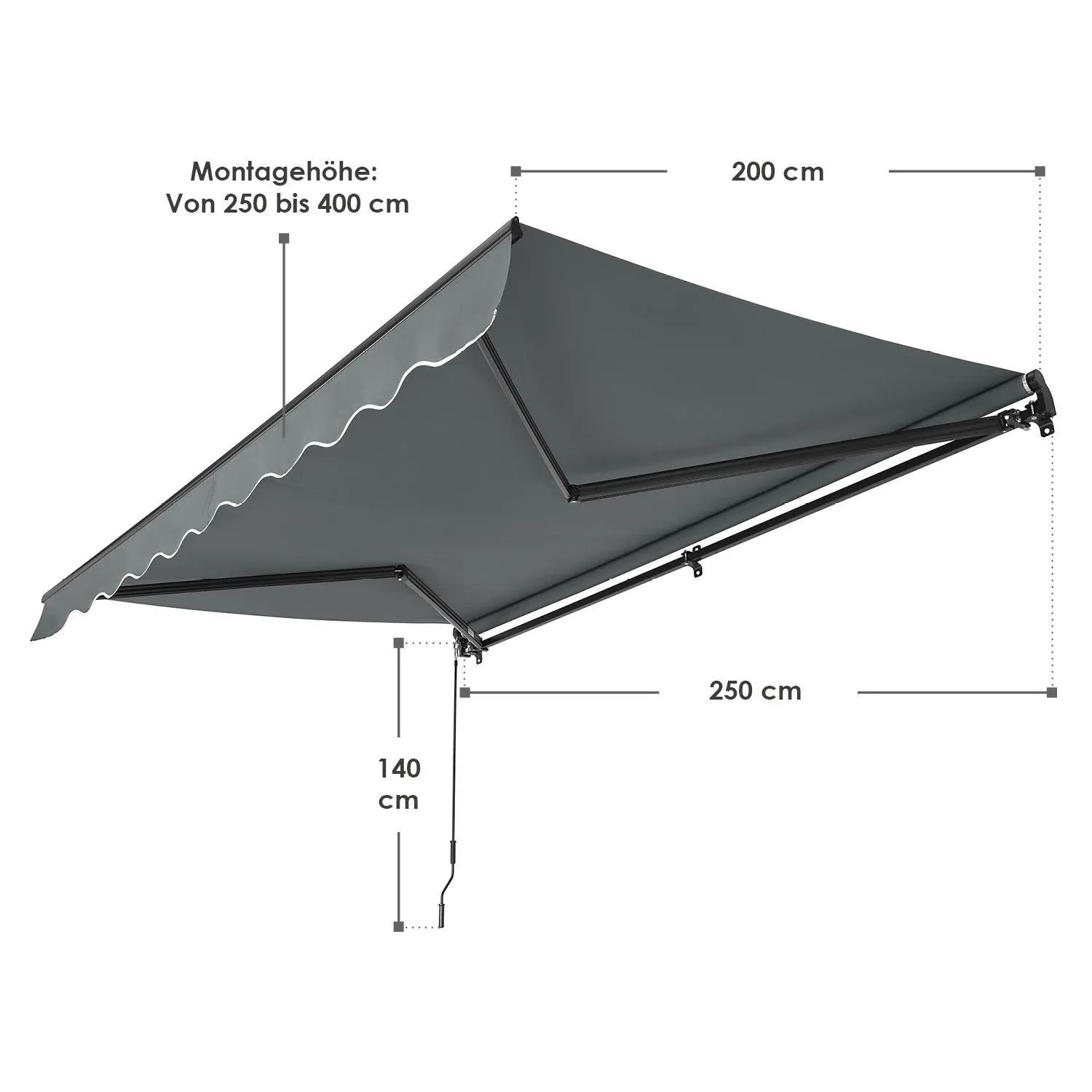 Graue Juskys Gelenkarmmarkise 250x200 cm mit Maßangaben für Montagehöhe, Ausladung und Breite.